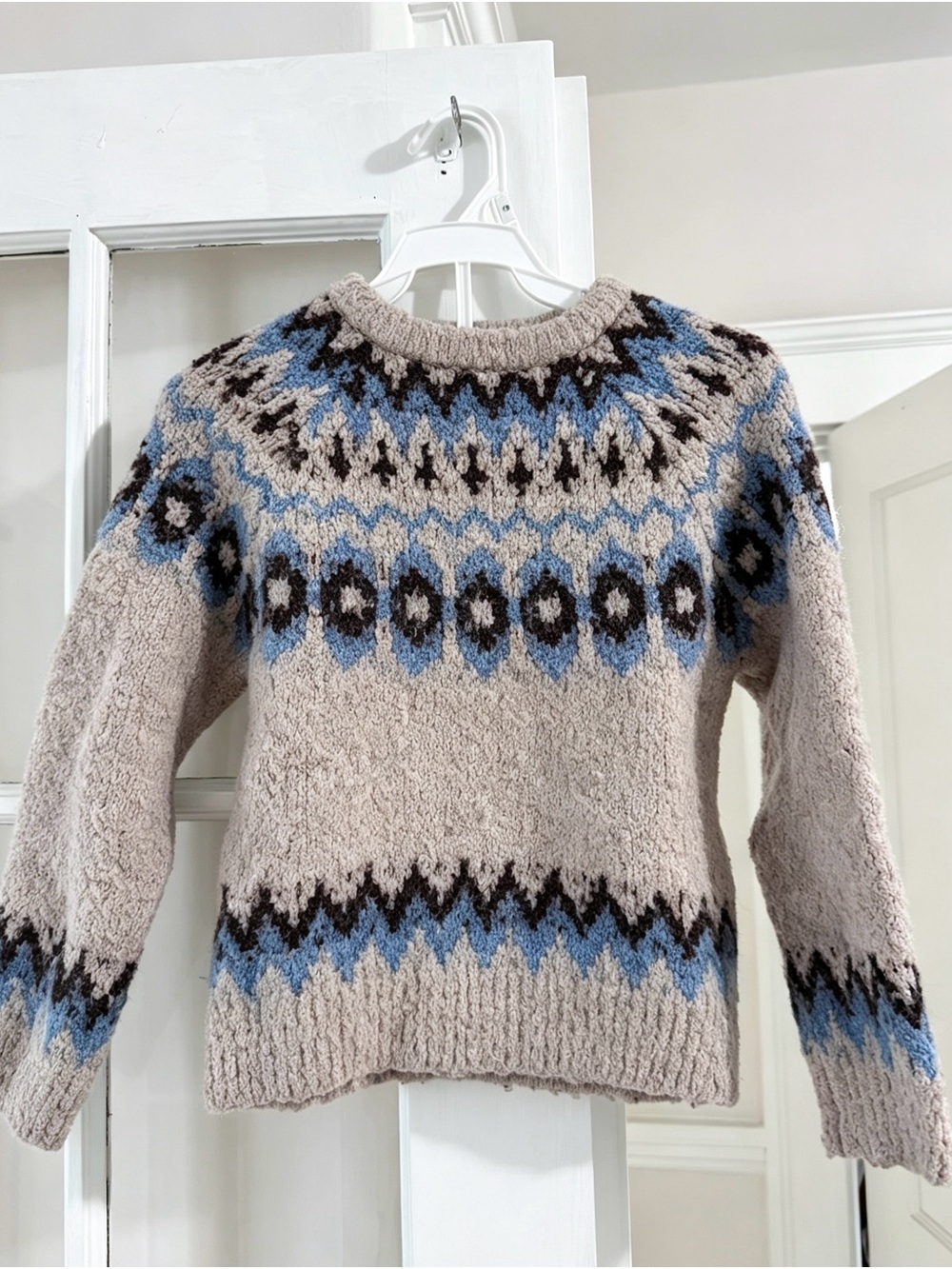 Zara Beige Crewneck Sweater with Blue & Black Nordic Yoke 6T